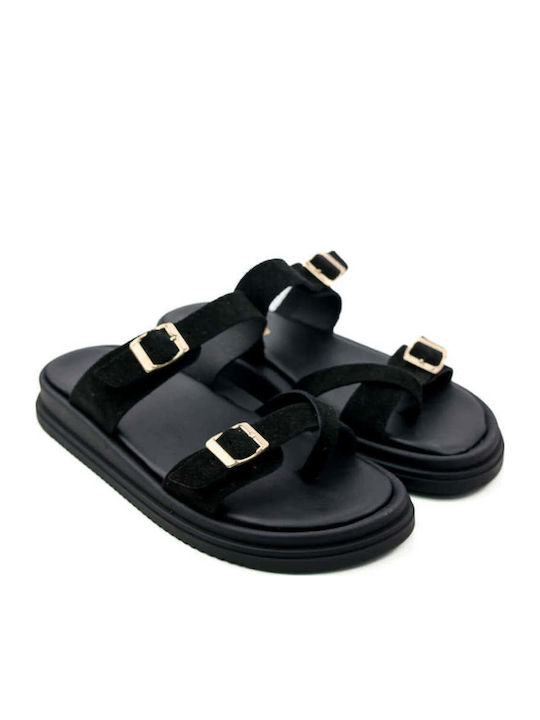 Μαύρες Flatform Παντόφλες Διπλά Ρυθμιζόμενα Λουράκια