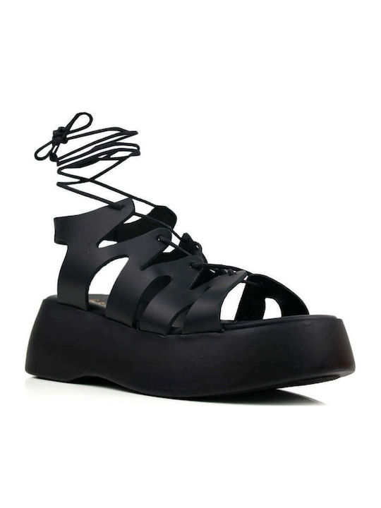 Μαύρα Lace Up Flatforms Δέσιμο Αστραγάλου