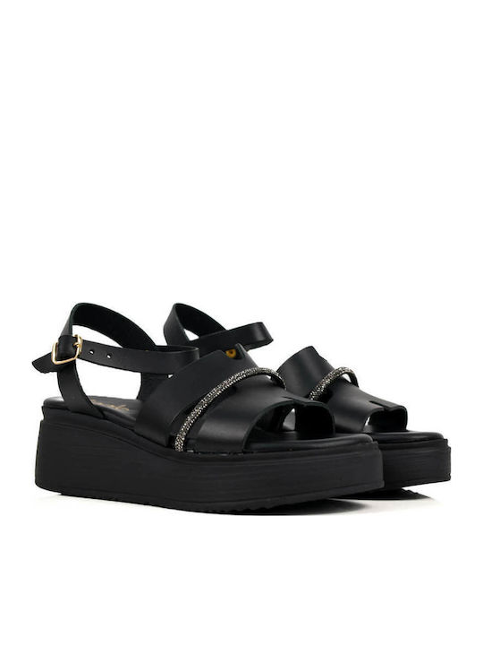 Μαύρα Flatforms Σταυρωτά Λουριά Στρας Λεπτομέρεια