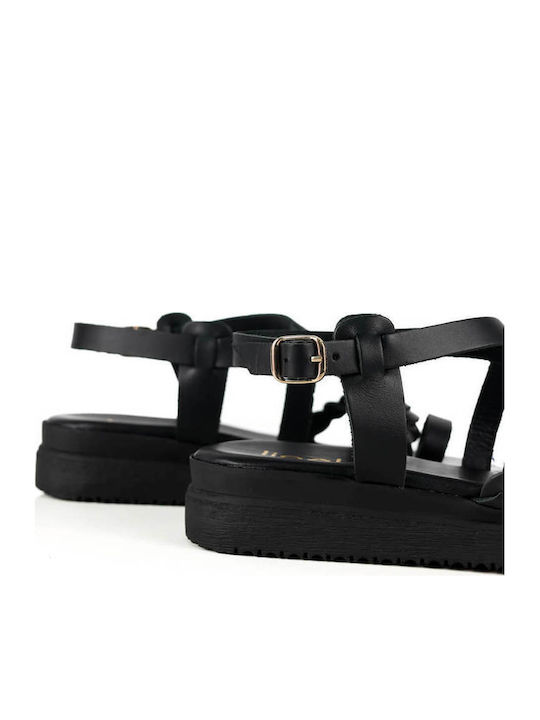 Black Leather Flatforms Woven Front Strap