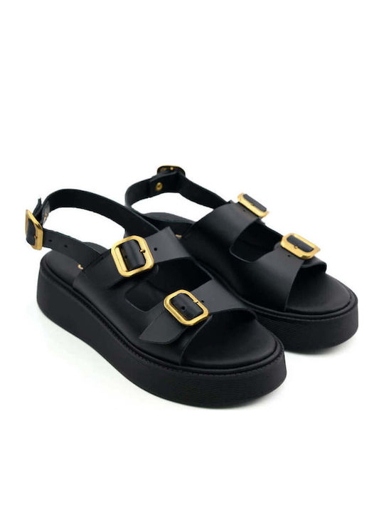Черни Кожени Flatforms С Двойни Регулируеми Каишки