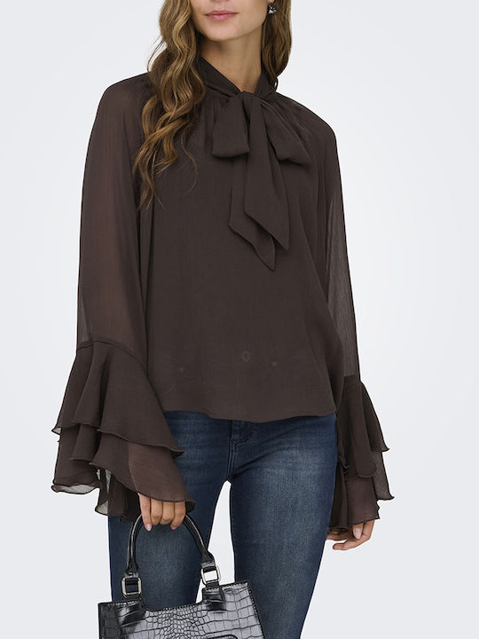 Women's Blouse Long Sleeve with Halter Neck Coffee Bean Brown