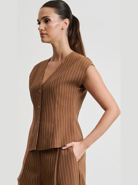 Femei Brown Set cu Talie înaltă Pantaloni cu Croială Dreaptă Cu dungi