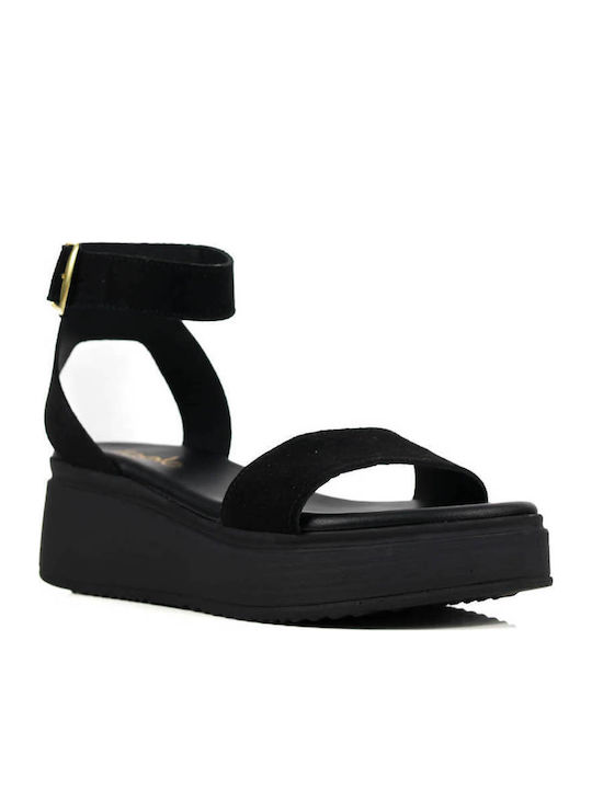 Μαύρα Δερμάτινα Flatforms Φαρδύ Λουρί Αγκράφα