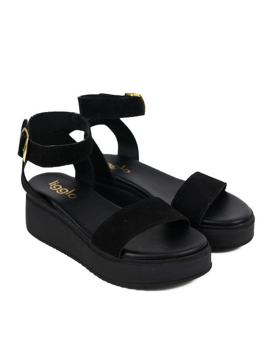 Μαύρα Δερμάτινα Flatforms Φαρδύ Λουρί Αγκράφα