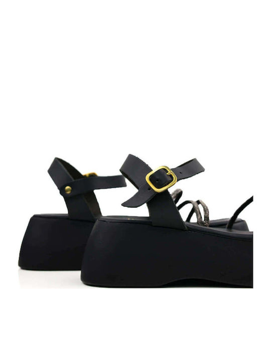 Черни Flatforms С Кристали Каишки Повдигната Подметка