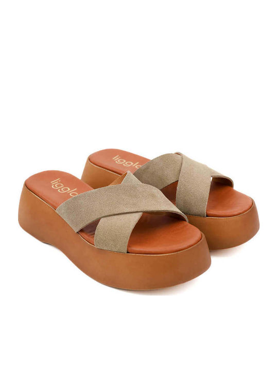 Beige Leather Flatform Slippers Cross Straps
