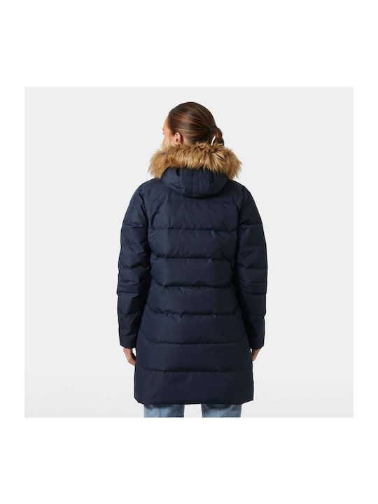 Aden Lang Damen Puffer Jacke mit pelziger Kapuze für Winter Marineblau