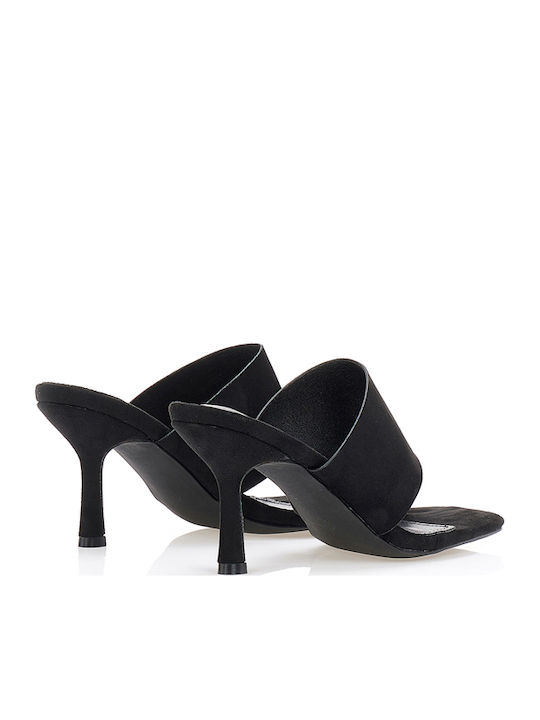 Suede Mules με Ψηλό Τακούνι σε Μαύρο Χρώμα