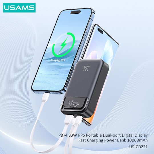Usams CD221 Power Bank 10000mAh 33W with USB-A Port and USB-C Port Gray