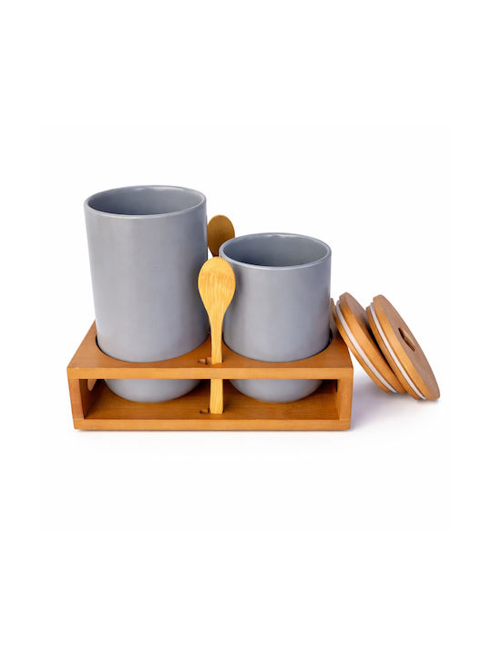 Set 2 Pieces Coffee / Sugar Jars with Lid & Stand Made of Brown Porcelain