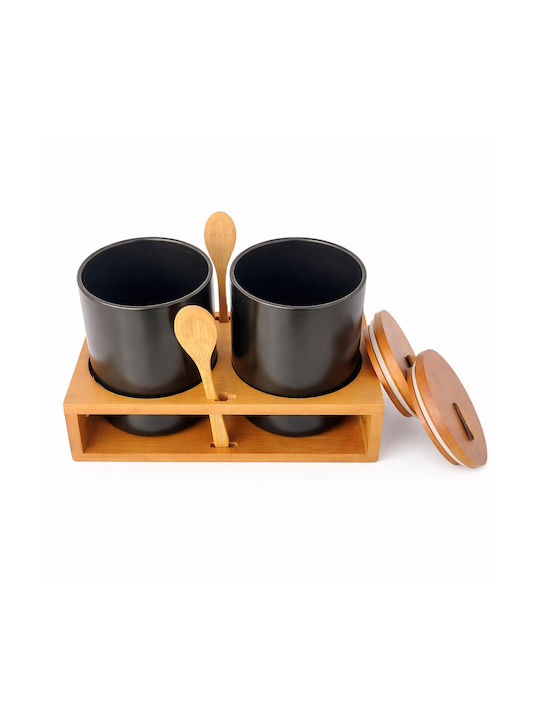 Set of 2 Coffee Sugar Jars with Lid and Stand Made of Brown Porcelain 10.5x14.5cm 2 Pieces