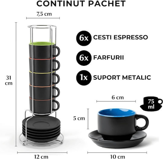 Miamio Le Papillon Set Cesti Espresso Ceramice Negre 75ml 6 Bucăți
