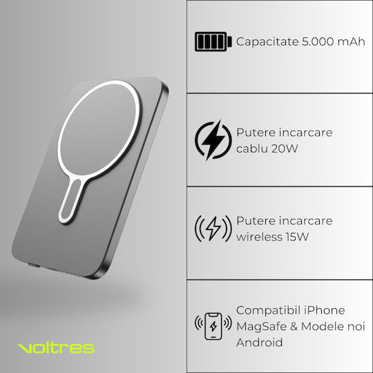 Voltres MagSafe Външна Батерия 5000mAh 20W с USB-C Порт Сребриста