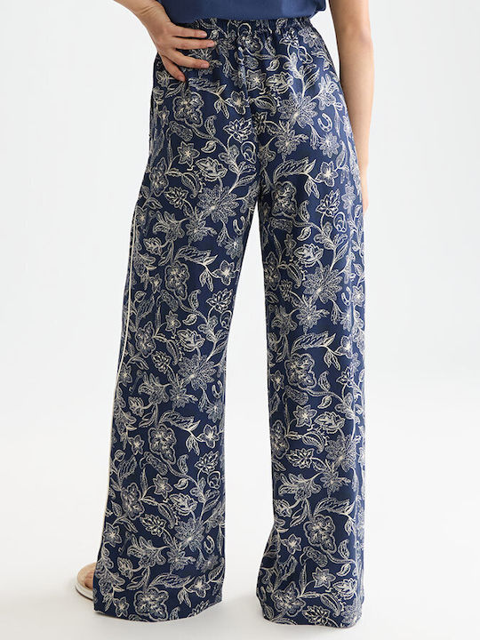 Scotch & Soda Γυναικείο Σατέν Παντελόνι Καμπάνα με Λάστιχο Floral Μπλε