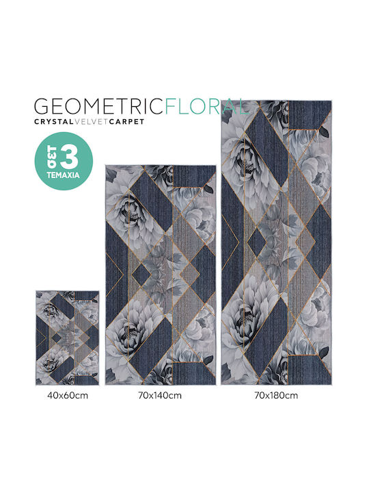 Chios Hellas Non-Slip Set Bath Mats Velvet 011001 Mats Crystal Velvet Geometric Floral 40x60cm 3 Pieces