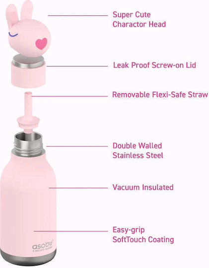 Asobu Kids Water Bottle Thermos Silicone with Straw Bubbles Bunny 460ml