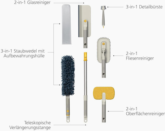 Joseph Joseph Cleantech Cleaning Set 5 Cleaning Tools + Extendable Handle Glass Tiles Surfaces Extension
