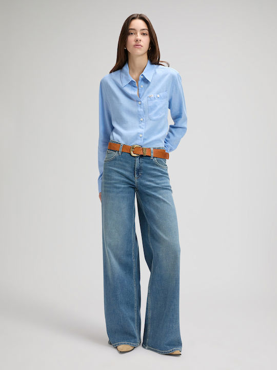 Long Sleeve Women's Linen Shirt Light Blue