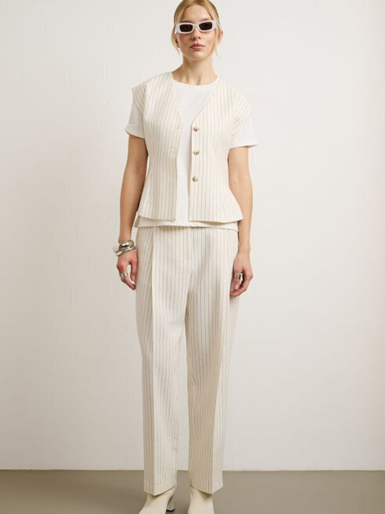 Women's Ecru Set with High Rise Striped Straight Leg Trousers