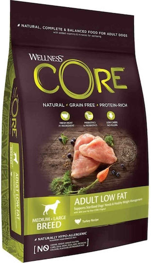 Wellness Core Low Fat Adult 10kg Dry Food Diet, Grain-Free for Adult Neutered Medium & Large Breed Dogs with Turkey