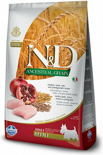 Farmina N&D Ancestral Grain Adult Mini 2.5kg Dry Food with Few Grains for Adult Small Breed Dogs with Chicken and Pomegranate