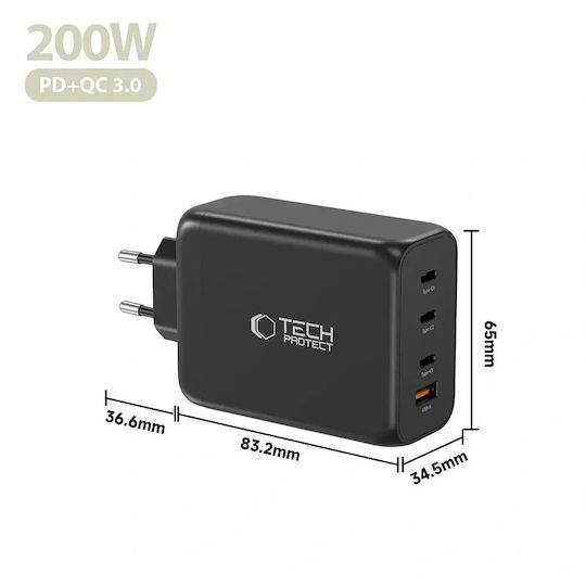 Tech-Protect Charger Without Cable GaN with USB-A Port and 3 USB-C Ports 200W Power Delivery / Quick Charge 3.0 Blacks (NC200W-GAN)