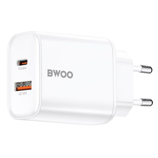 BWOO Зарядно без кабел с USB-A порт и USB-C порт 36W Power Delivery Бял (CDA207)