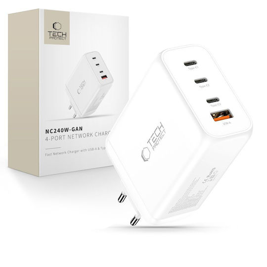 Tech-Protect Charger Without Cable GaN with USB-A Port and 3 USB-C Ports 240W Power Delivery / Quick Charge 3.0 Whites (NC240W-GAN)