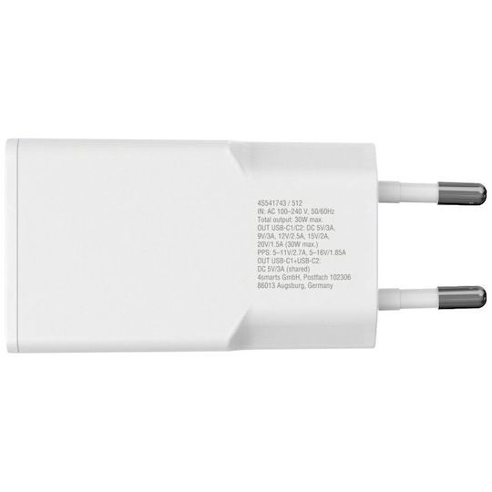 4Smarts Φορτιστής Χωρίς Καλώδιο GaN με 2 Θύρες USB-C 30W Power Delivery Λευκός (Flatplug Slim)
