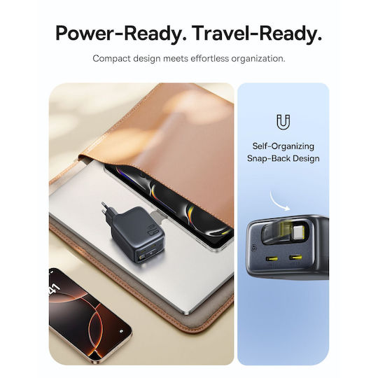 Baseus Ladegerät mit integriertem Kabel GaN mit 2 USB-C Anschlüsse USB-C 45W Stromlieferung Schwarzs (Enercore CJ11)