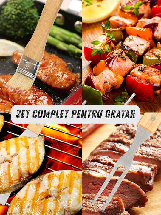 Set Complet De Unelte Pentru Grătar Din Oțel Inoxidabil Mânere Din Lemn 11 Piese Esențiale Gătit În Aer Liber Livrat În Geantă Practică De Depozitare Transport Ideal Pentru Fripturi Legume