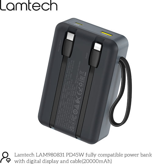 Lamtech Power Bank 20000mAh 45W With USB-A Output Port And USB-C Output Port Power Delivery Quick Charge 3.0 Black