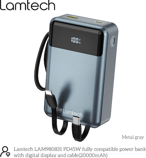 Lamtech Power Bank 20000mAh 45W With USB-A Output Port And USB-C Output Port Power Delivery Quick Charge 3.0 Black