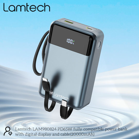 Lamtech Power Bank 20000mAh 65W With USB-A Output Port And USB-C Output Port Power Delivery Quick Charge 3.0 Black