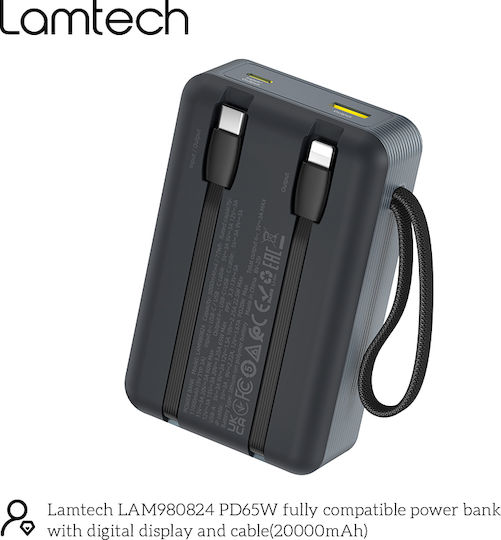 Lamtech Power Bank 20000mAh 65W With USB-A Output Port And USB-C Output Port Power Delivery Quick Charge 3.0 Black
