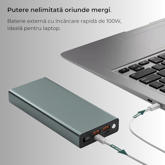 Voltres Power Bank 30000mAh 100W cu 2 Porturi USB-A și 2 Porturi USB-C Argintiu