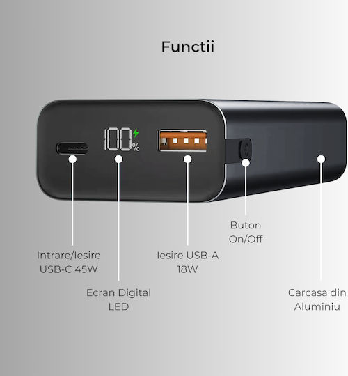 Voltres Power Bank 10000mAh 45W With USB-A Output Port And USB-C Output Port Quick Charge Black