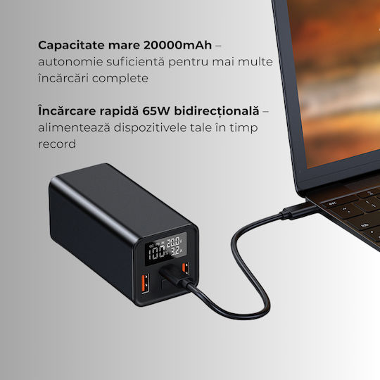 Voltres Power Bank 20000mAh 65W με 2 Θύρες USB-A και Θύρα USB-C Quick Charge Μαύρο