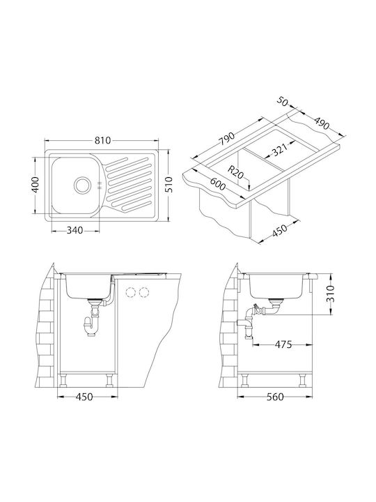 Alveus Ентов Кухненски Мивка Inox М81xШ51см Сива