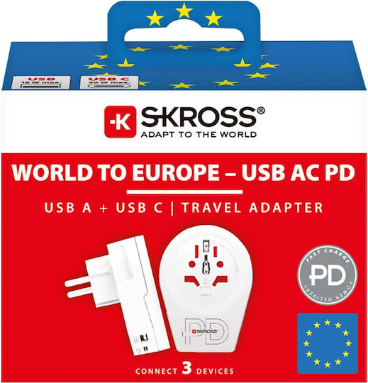 Skross Travel Charger Adapter Usb 18w Usb-c 20w Power Delivery Worldwide To Europe White