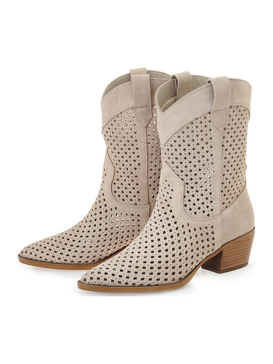 Suede Women's Ankle Boots with Medium Heel Beige