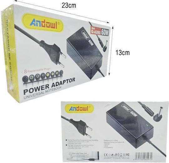 Andowl Încărcător Laptop Universal 60W cu Cablu de Alimentare Detașabil
