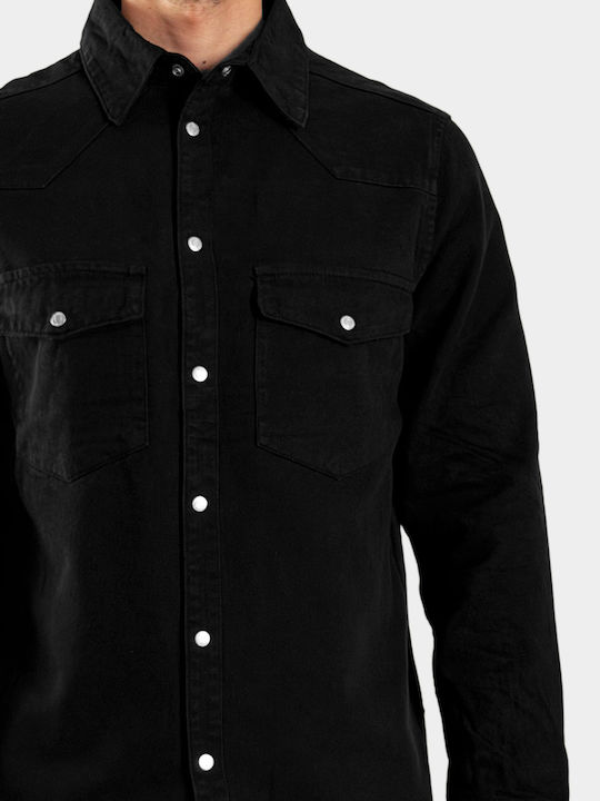 Μακρυμάνικo Τζιν Overshirt σε Κανονική Γραμμή Μαύρο