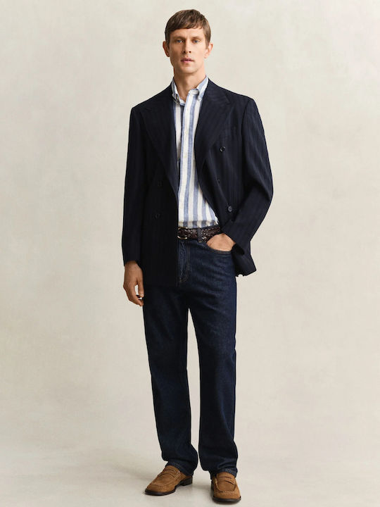 Short Sleeve Linen Shirt in Regular Fit Striped Blue
