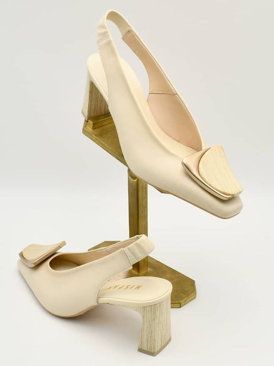 Leather Heels with Chunky Mid Heel Beige
