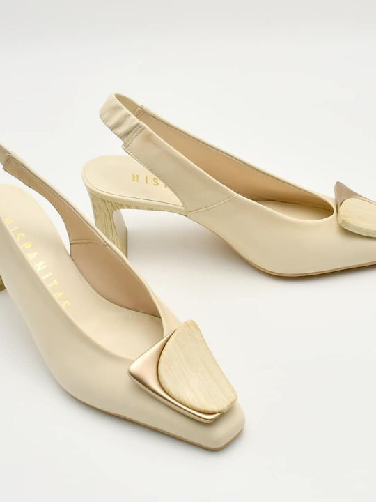 Leather Heels with Chunky Mid Heel Beige