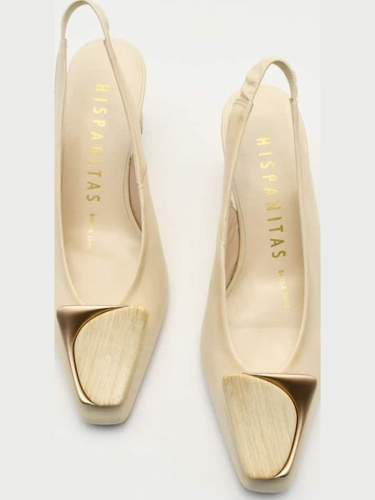 Leather Heels with Chunky Mid Heel Beige