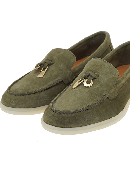 Leather Women's Loafers in Green Colour