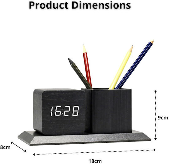 Wooden Digital Tabletop Clock Pencil Holder & Thermometer Black